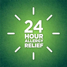 24-hour allergy relief nasal spray promotion graphic with clock-style icons
