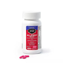 Allergy relief tablets bottle with a few pink tablets shown in front, 400 tablets