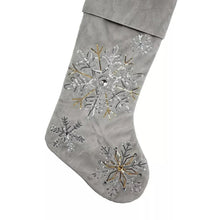 Gray Christmas stocking with glitter snowflake embroidery and gold star accents