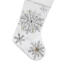 White Christmas stocking with detailed glitter snowflake embroidery and gold accents