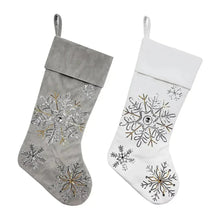 Pair of Christmas stockings: gray and white, each with snowflake glitter embroidery