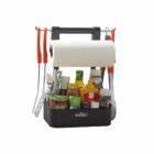 Barbecue serving caddy with roll holder and utensil compartments