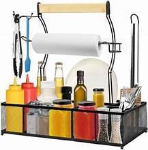 Barbecue serving caddy with roll holder and utensil slots, holding bottles and jars