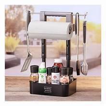 Barbecue serving caddy with roll holder, utensil slots, and spice container holders