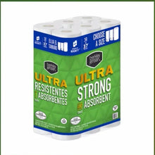 Green Ultra Strong paper towel 12-roll pack with blue sides and choose-a-size header