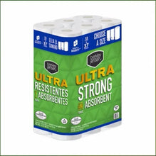 Green Ultra Strong paper towel 12-roll pack with choose-a-size header and blue side labels