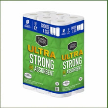 Green Ultra Strong paper towel 12-roll pack showing two branding panels and choose-a-size header