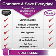 Osmotic laxative comparison chart with checklist icons and unflavored powder notes
