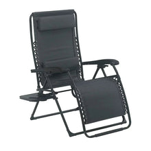 Deluxe zero gravity chair with dark gray padded back and seat and built-in arm cupholder