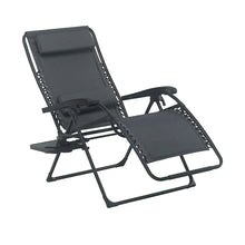 Deluxe zero gravity chair with dark gray padded reclining seat and adjustable footrest