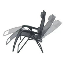 Deluxe zero gravity chair with black metal base, dark gray cushions, and recline support