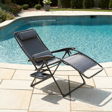 Deluxe zero gravity chair with dark gray padded headrest and seat, reclining frame