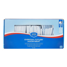 Plastic cutlery assortment box with forks, knives, and spoons, 540-count