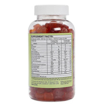 Kids multivitamin gummies bottle with white cap, back label with supplement facts table