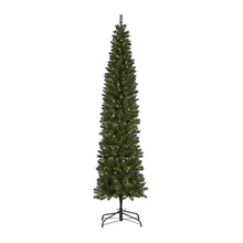 Slim artificial Christmas tree with dark green flocked needles and metal stand.