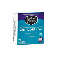 Anti-diarrheal tablets box front, 24 capsule-shaped tablets, Berkley Jensen.