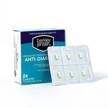 Anti-diarrheal tablets blister pack with pale green capsule-shaped tablets.