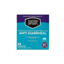 Anti-diarrheal tablets box with 24 capsule-shaped tablets, Berkley Jensen brand.