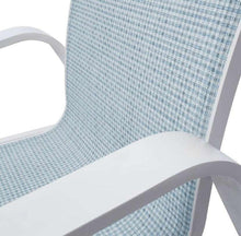 Blue woven sling patio chair back and arm with white frame