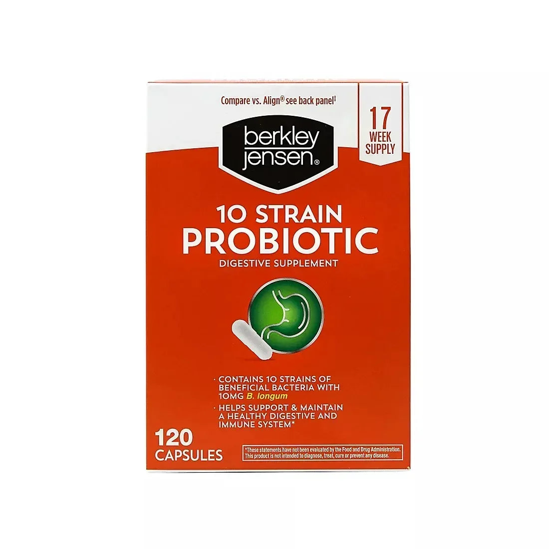 Berkley Jensen Natural 10-Strain Probiotic Dietary Supplement, 120 Capsules