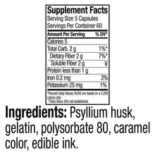 Supplement Facts box for psyllium husk fiber capsules with calories and fiber per serving
