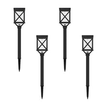 Set of four graphite black solar pathway lights with square lantern heads and stakes