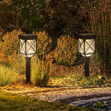 Two graphite black solar pathway lights with square lantern heads along garden path