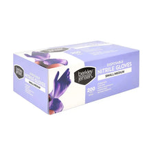 Disposable nitrile glove box, small/medium, 200 ct, with purple glove graphics.