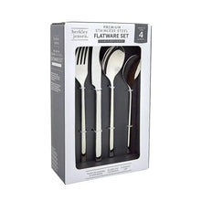 Stainless steel flatware set in retail box with forks and spoons visible