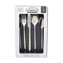 Stainless steel contemporary flatware set with utensils inside retail box