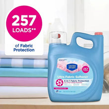 Liquid fabric softener jug with red cap, blue bottle, and 257-load badge