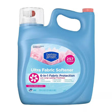 Liquid fabric softener jug with blue bottle, red cap, and side handle