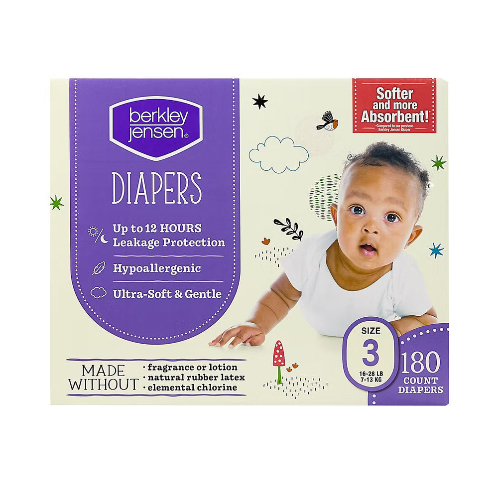 Diaper box size 3, 180 count, with purple panel and baby's portrait.