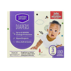Diaper box size 3, 180 count, with purple panel and baby's portrait.