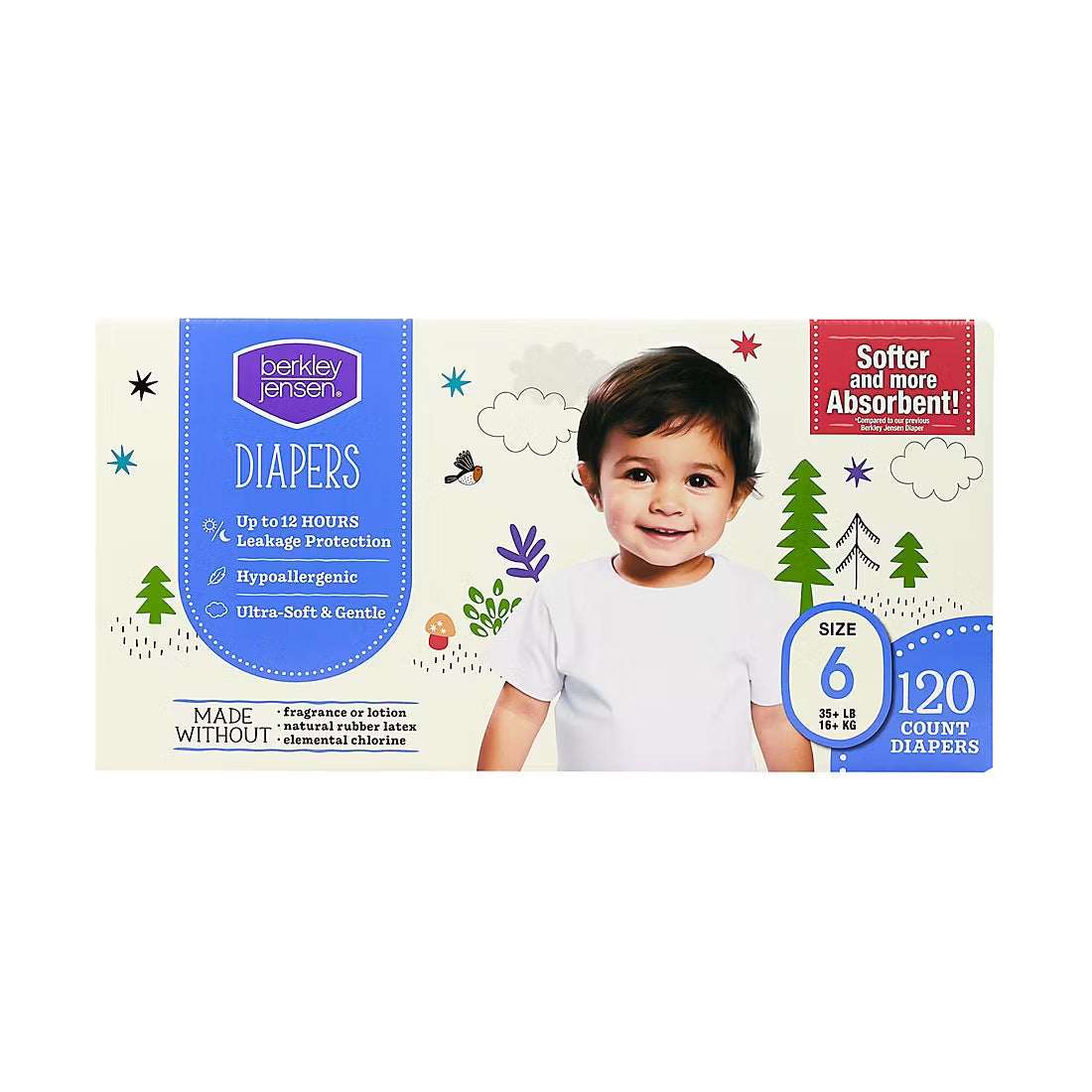 Diaper box size 6, 120 count, with blue panel and baby's portrait.