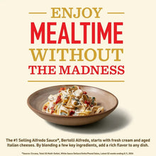 Alfredo sauce meal promo graphic with a bowl of pasta topped with Parmesan