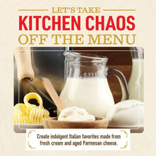 Alfredo sauce promo graphic with a pouring pitcher of creamy white sauce