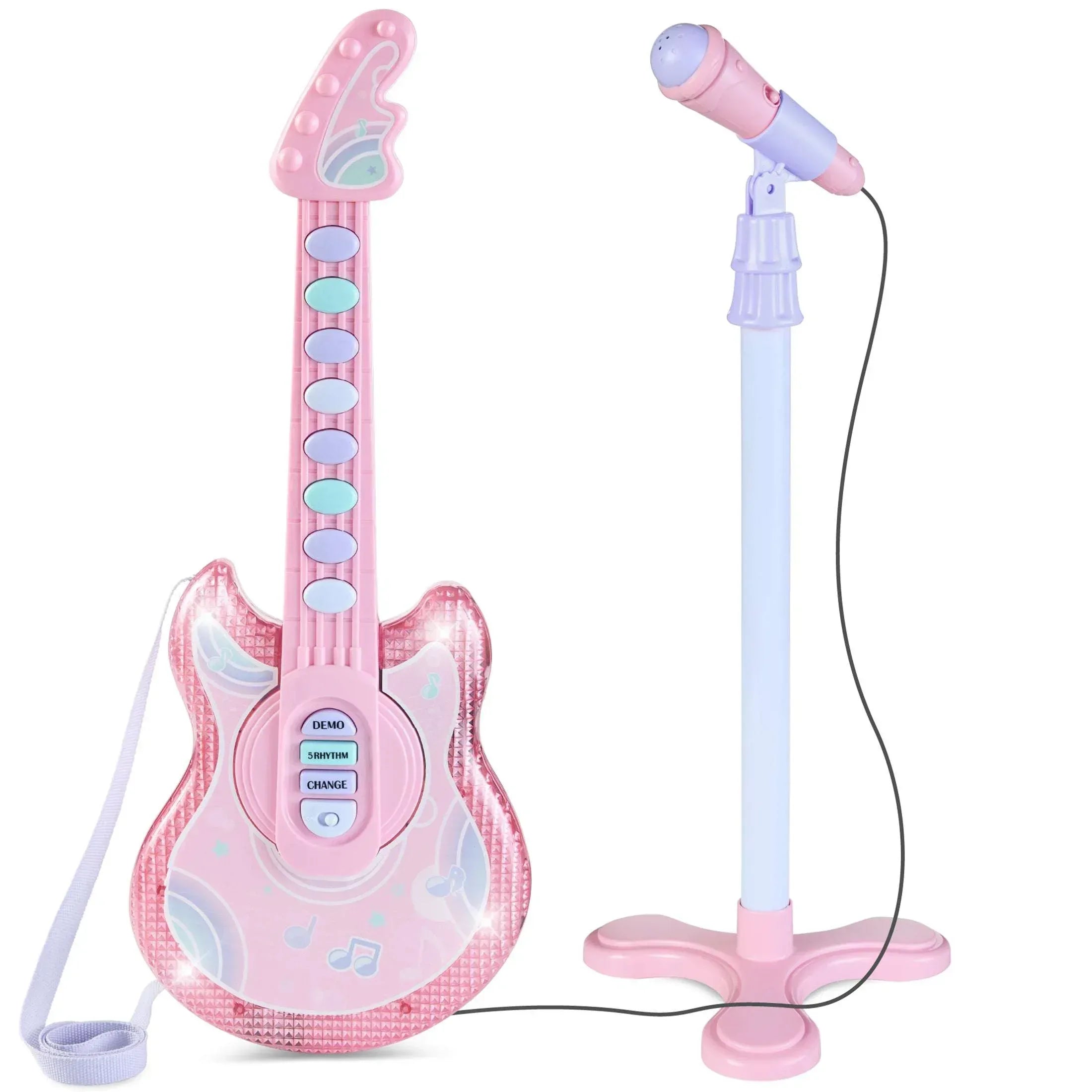 Best Choice Products 19in Kids Flash Guitar, Pretend Play Musical Instrument Toy for Toddlers w/ Mic, Stand - Black