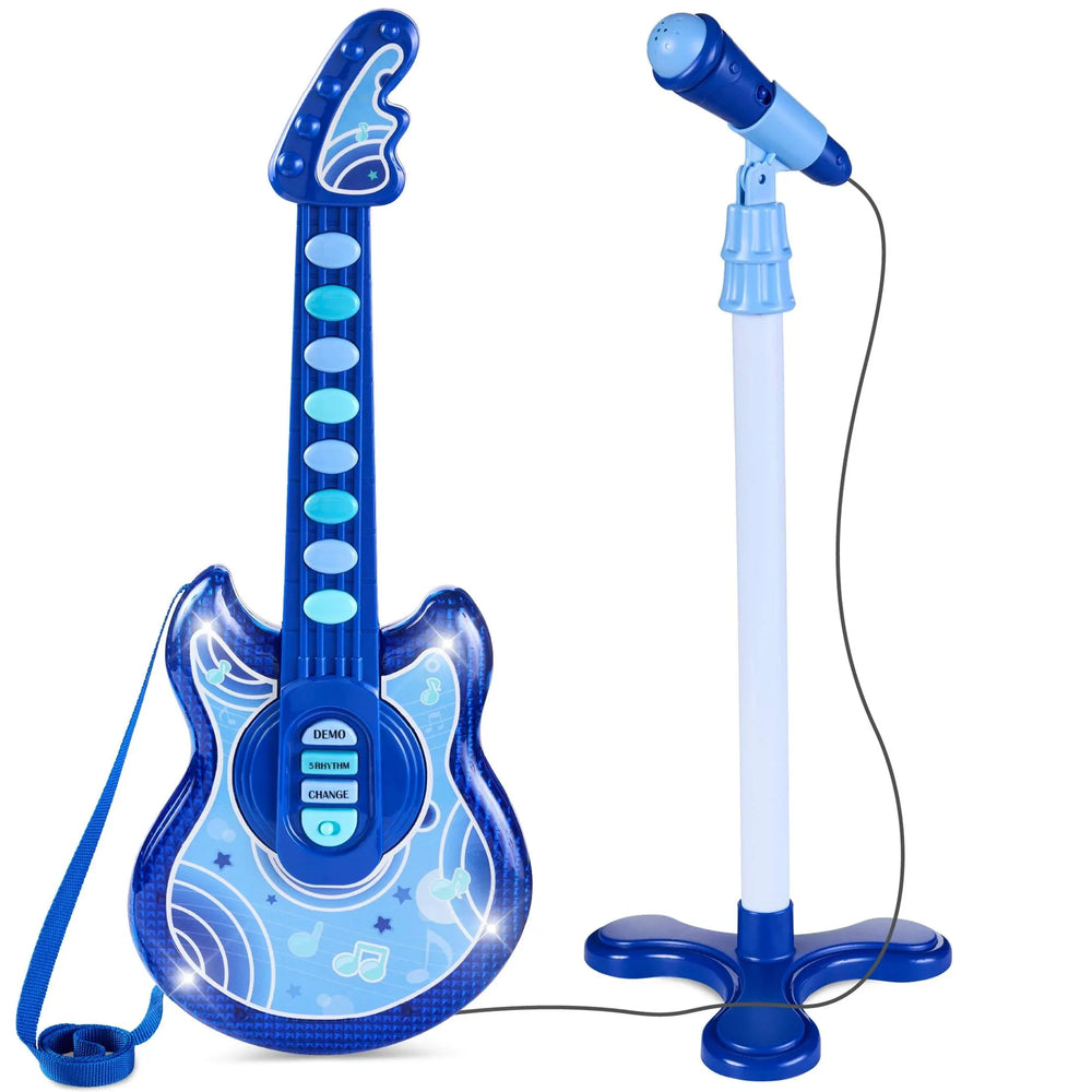 Best Choice Products 19in Kids Flash Guitar, Pretend Play Musical Instrument Toy for Toddlers w/ Mic, Stand - Black - USA MEGA SHOP