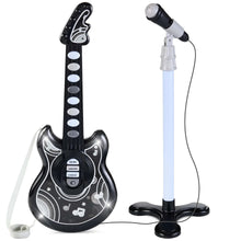 Black kids flash guitar toy with microphone on a tall white stand, black mic and cable
