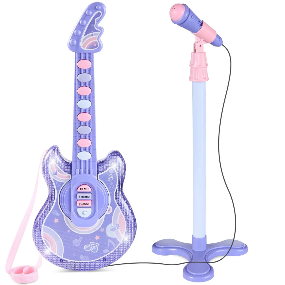 Best Choice Products 19in Kids Flash Guitar, Pretend Play Musical Instrument Toy for Toddlers w/ Mic, Stand - Black - USA MEGA SHOP