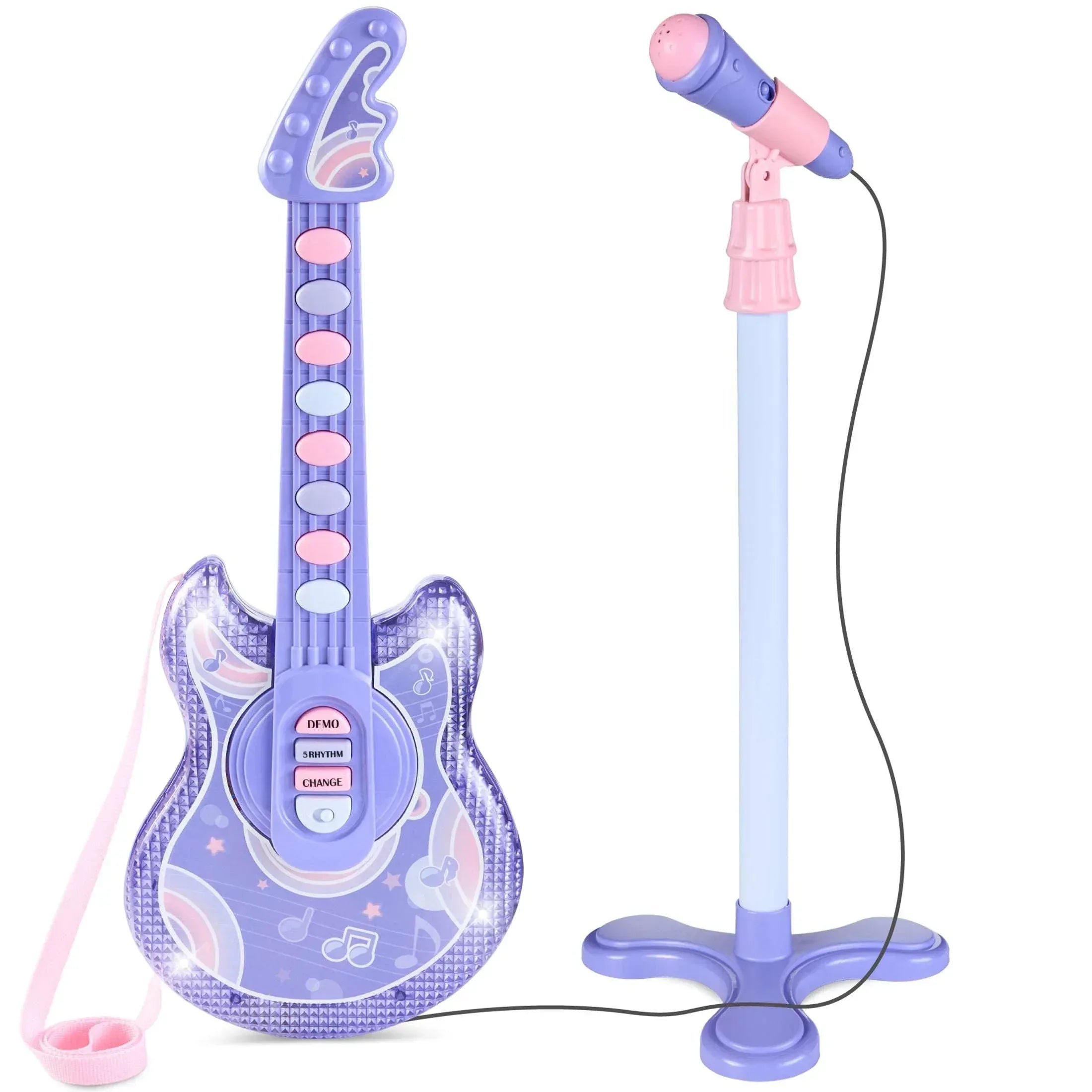 Best Choice Products 19in Kids Flash Guitar, Pretend Play Musical Instrument Toy for Toddlers w/ Mic, Stand - Black