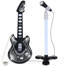 Kids flash guitar toy with mic stand, black electric-style body and light button strip