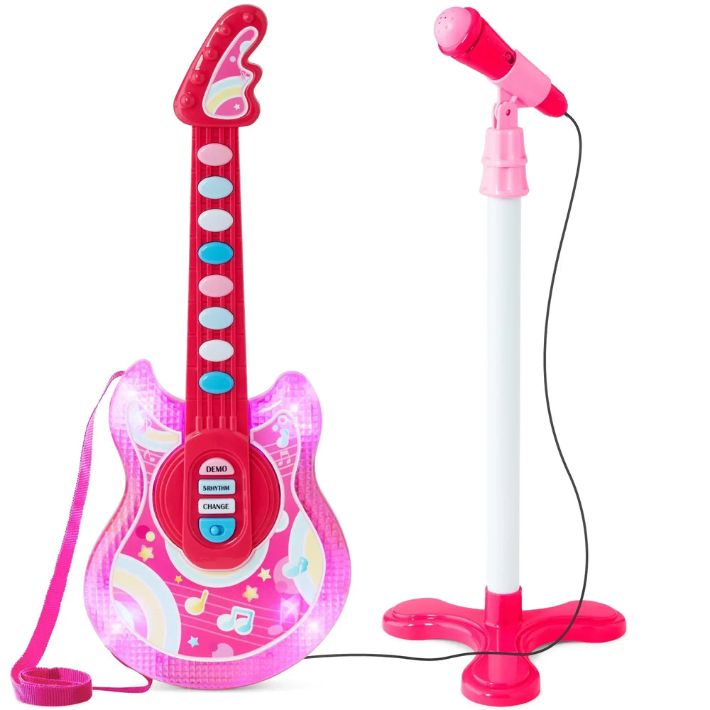 Best Choice Products 19in Kids Flash Guitar, Pretend Play Musical Instrument Toy for Toddlers w/ Mic, Stand - USA MEGA SHOP