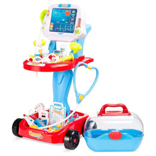 Kids play doctor mobile station cart with blue screen, stethoscope and accessories