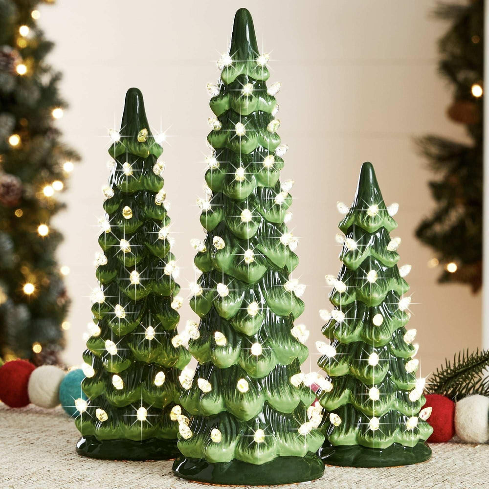 Best Choice Products Set of 3 Pre-Lit Hand-Painted Ceramic Tabletop Christmas Trees w/ Multicolor Lights - Flocked Green - USA MEGA SHOP