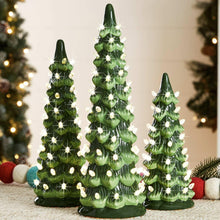 Set of 3 green ceramic tabletop Christmas trees with bright white LED bulbs