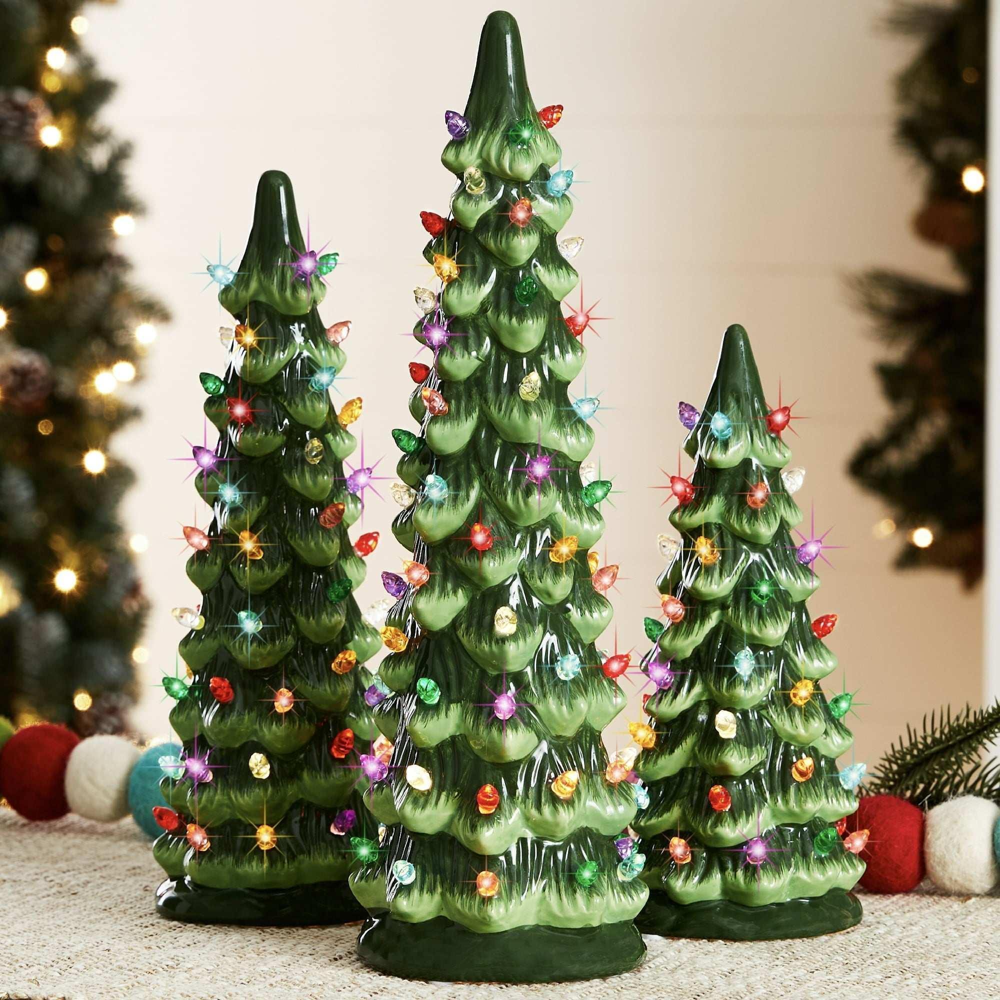 Best Choice Products Set of 3 Pre-Lit Hand-Painted Ceramic Tabletop Christmas Trees w/ Multicolor Lights - Flocked Green - USA MEGA SHOP