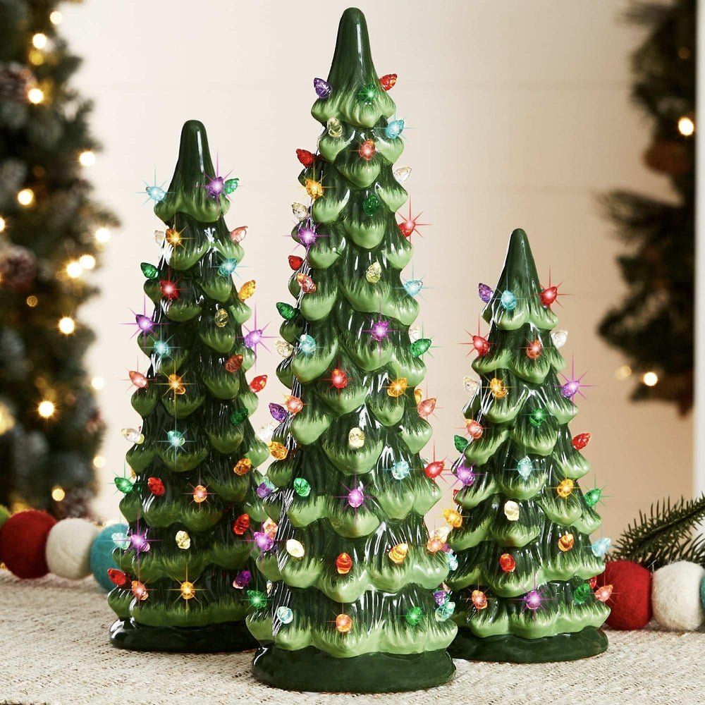 Best Choice Products Set of 3 Pre-Lit Hand-Painted Ceramic Tabletop Christmas Trees w/ Multicolor Lights - Flocked Green - USA MEGA SHOP