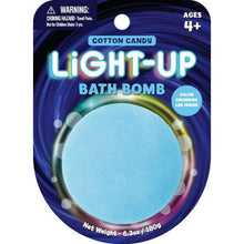 Light-up bath bomb package with cotton candy label and light-blue bath bomb